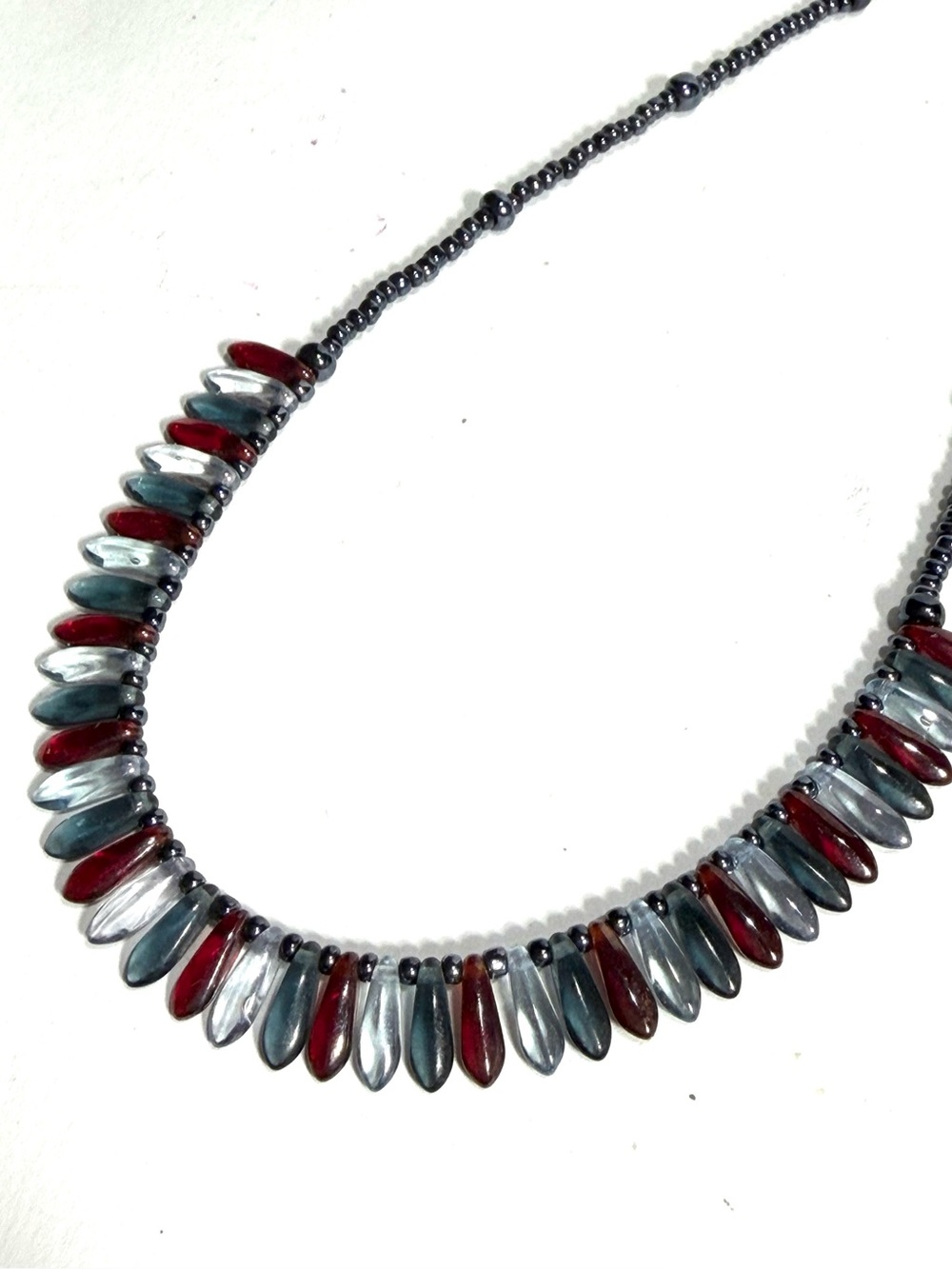 Glass Dagger & Seed Bead Choker Necklace Dark Red Gray Clear Gothic